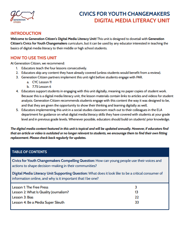 Generation Citizen Digital Media Literacy Unit